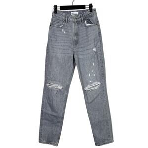 ZARA Straight Leg High Waisted Distressed Jeans Raw Hem 2 Rinsed Black #3900